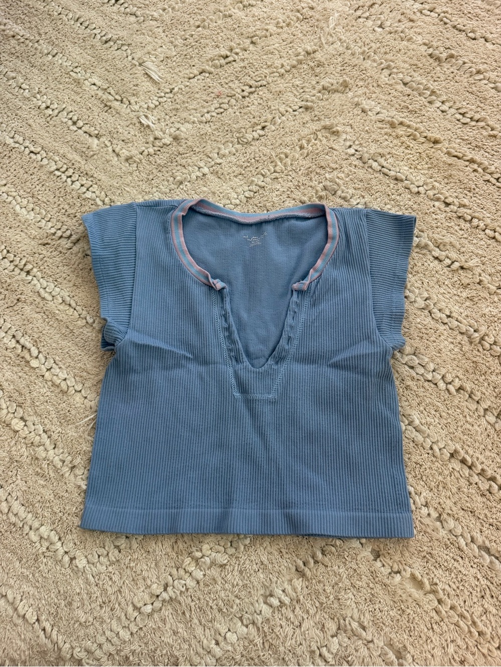 Urban Outfitters Dusty Blue Ribbed V-Neck Crop Top with Pink Trim